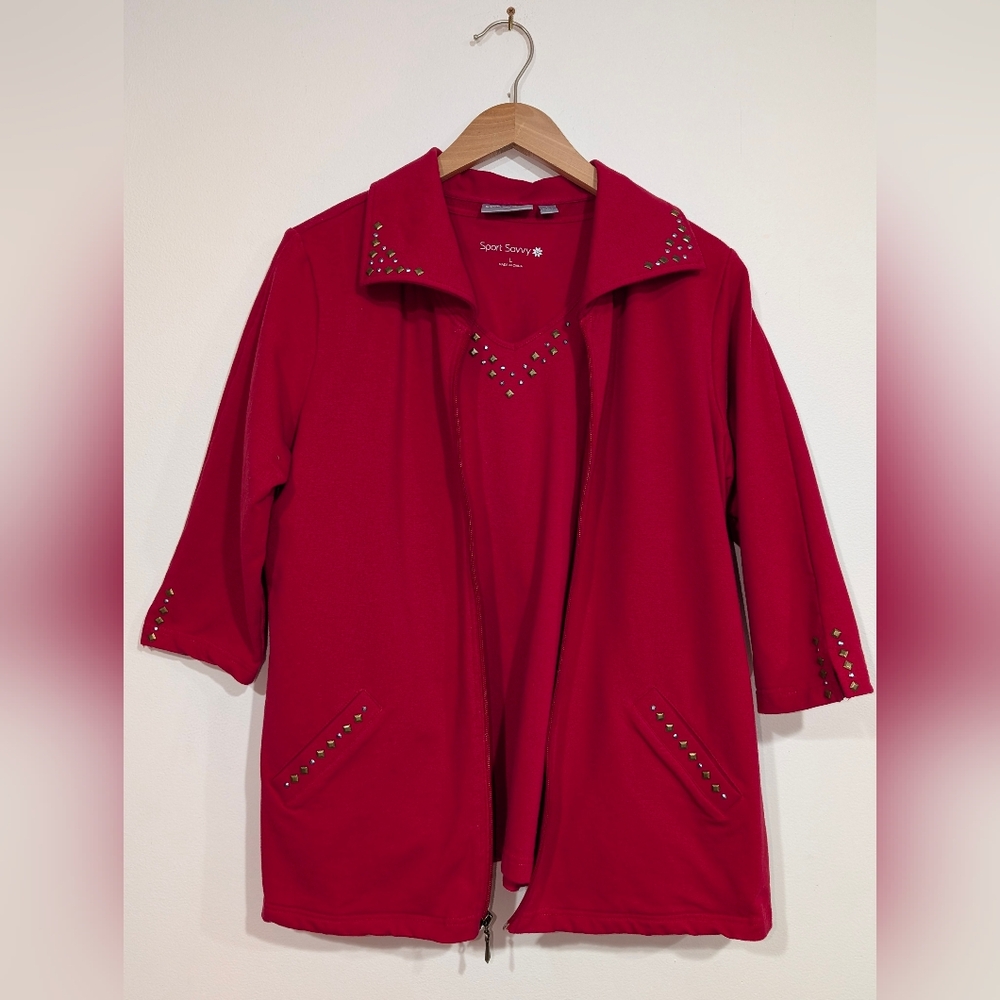 3-Piece Red Crop Leg Jogger Jacket T-shirt Set Women's LG with Studded Details